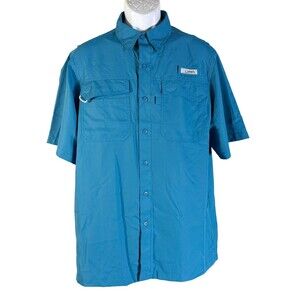 HABIT Men's Short Sleeve Button Down Vented Fishing Shirt Blue Medium